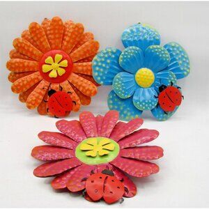 Lot 3 Metal Flowers with Ladybug Bright Wall Art Hanging Garden Decor 3D Design